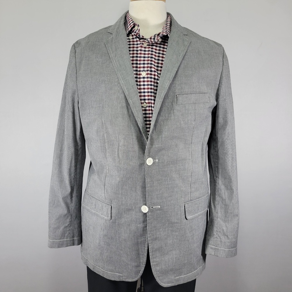 Material London Men's Sport‎ Coat Blazer Two Button Unstructured Gray Striped LG